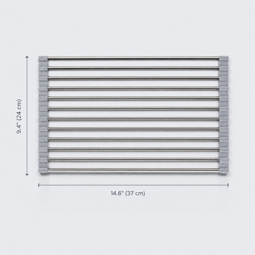 A stainless steel towel bar rack with dimension markings showing a height of 9.4 inches (24 cm) and a width of 14.