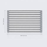 A stainless steel towel bar rack with dimension markings showing a height of 9.4 inches (24 cm) and a width of 14.