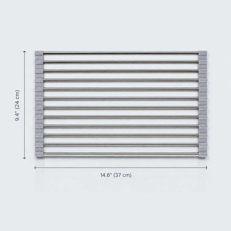 A stainless steel towel bar rack with dimension markings showing a height of 9.4 inches (24 cm) and a width of 14.