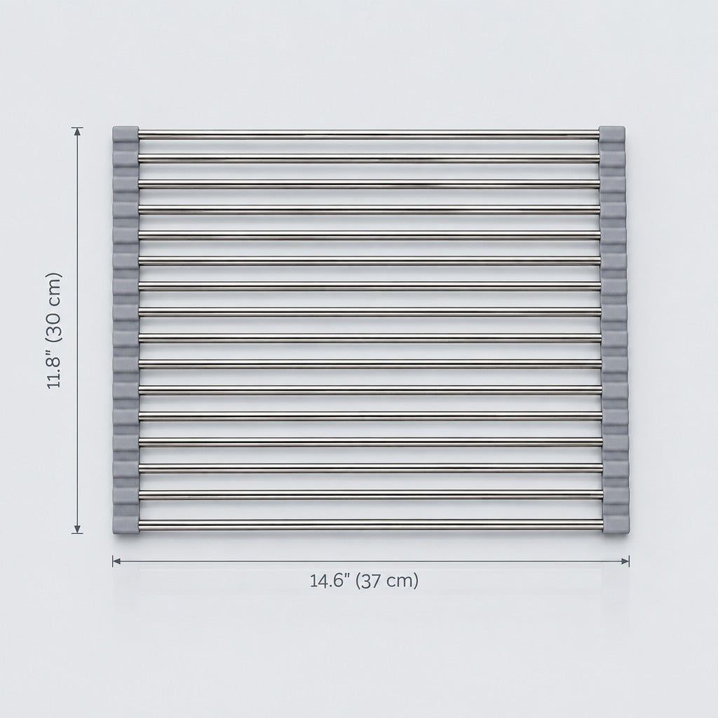 A stainless steel bathtub ladder with dimension markings showing a height of 11.8" (30 cm) and a width of 14.