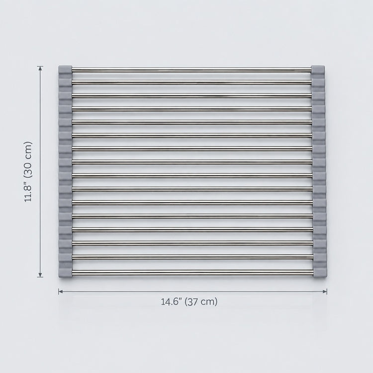 A stainless steel bathtub ladder with dimension markings showing a height of 11.8" (30 cm) and a width of 14.
