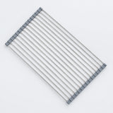 A rectangular metal cooling rack with twelve parallel silver metal bars and gray plastic end caps, shown on a clean white background.