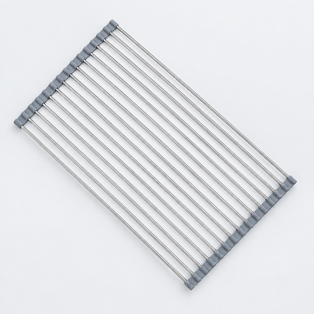 A rectangular metal cooling rack with twelve parallel silver metal bars and gray plastic end caps, shown on a clean white background.