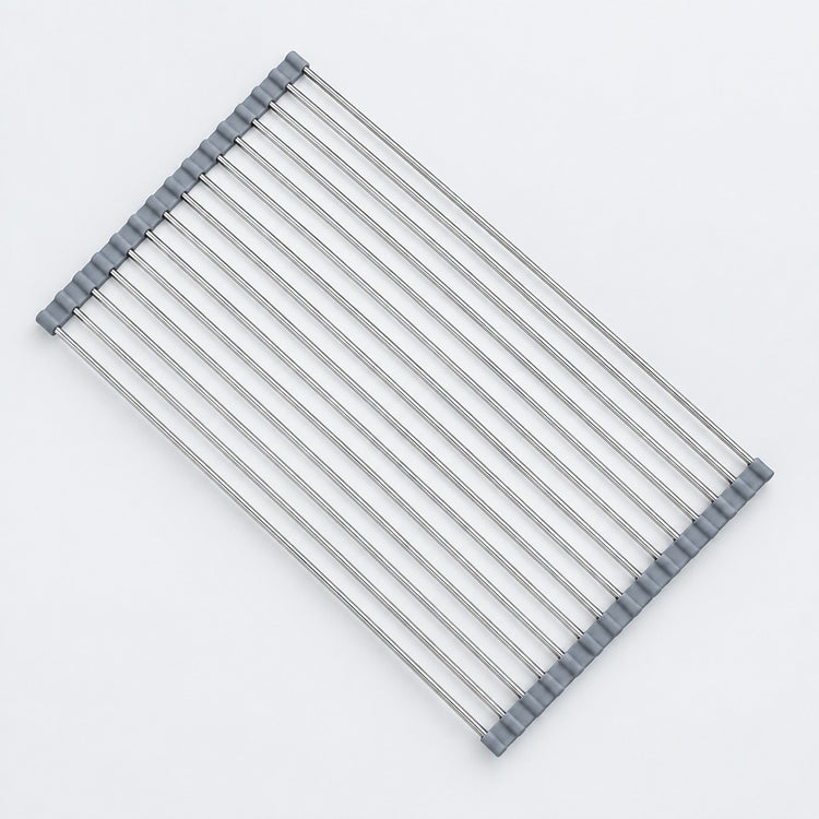 A rectangular metal cooling rack with twelve parallel silver metal bars and gray plastic end caps, shown on a clean white background.