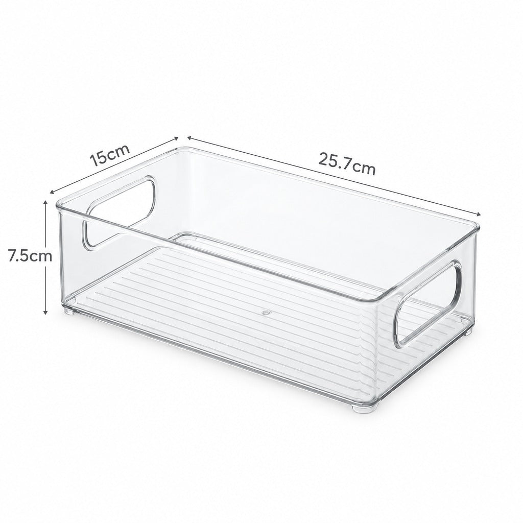 Clear plastic storage bin with side handles, shown on a white background with dimension lines and measurements: 15 cm width, 25.7 cm length, and 7.