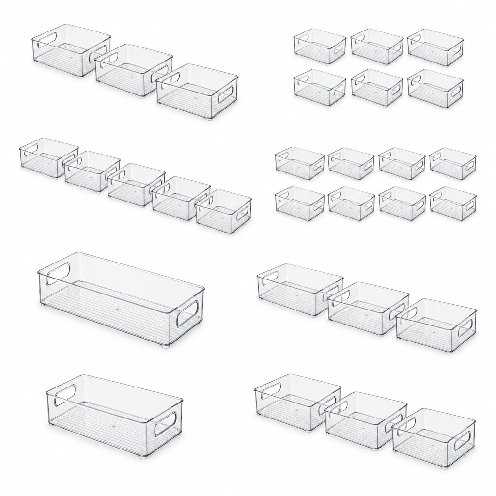 Multiple transparent plastic storage bins shown in different sizes and groupings on a plain white background.