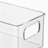 Clear plastic storage bin with a rounded rectangular handle cutout, shown on a white background.