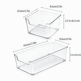 Two clear plastic organizer bins shown on a white background with dimension arrows and labels indicating width, depth, and height.