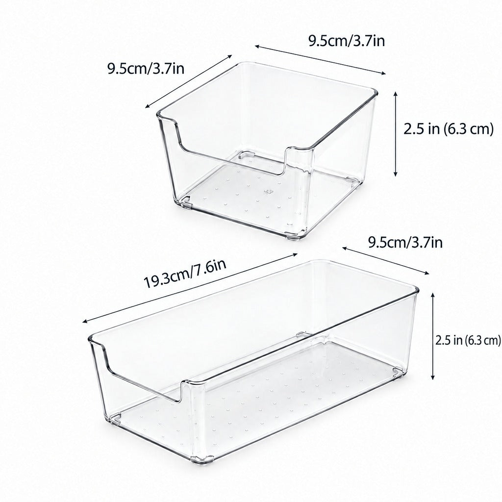 Two clear plastic organizer bins shown on a white background with dimension arrows and labels indicating width, depth, and height.