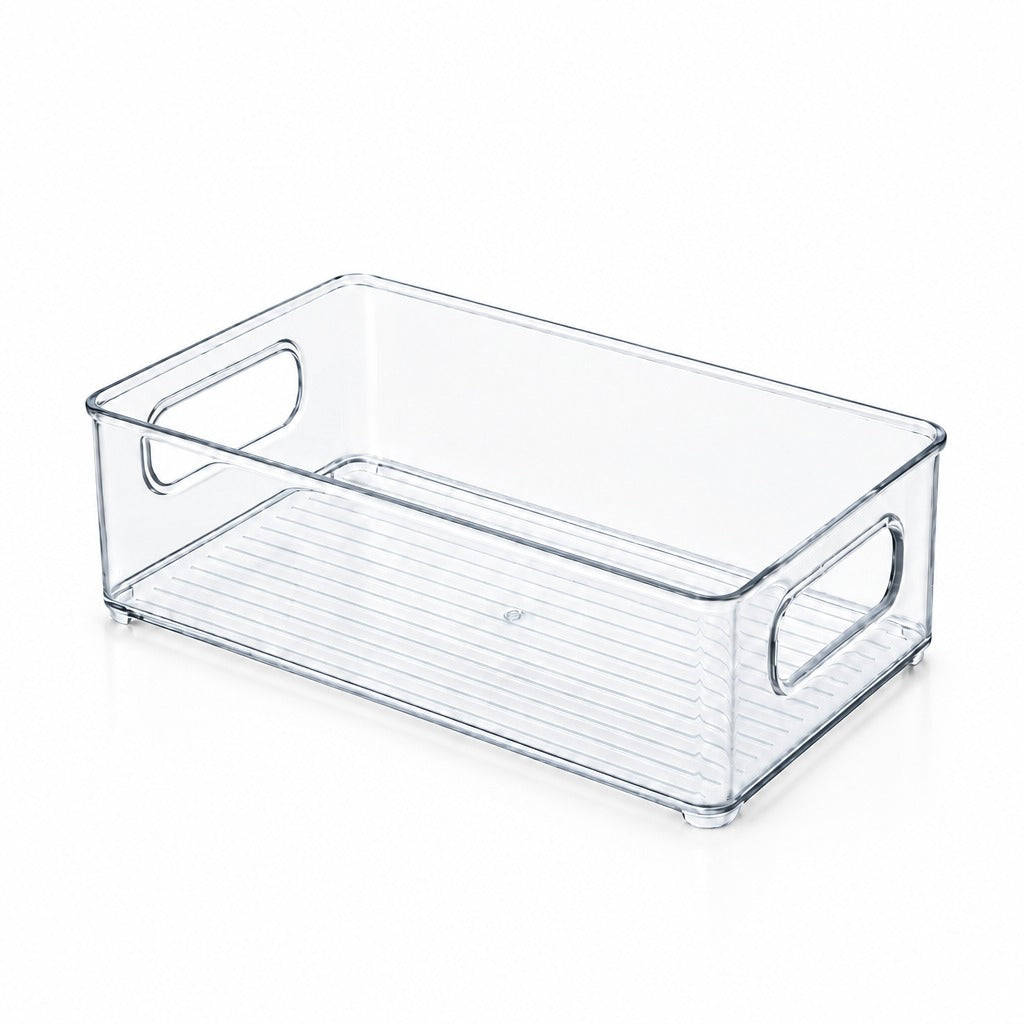 Clear rectangular storage bin with cutout handles and a ribbed base on a white background.