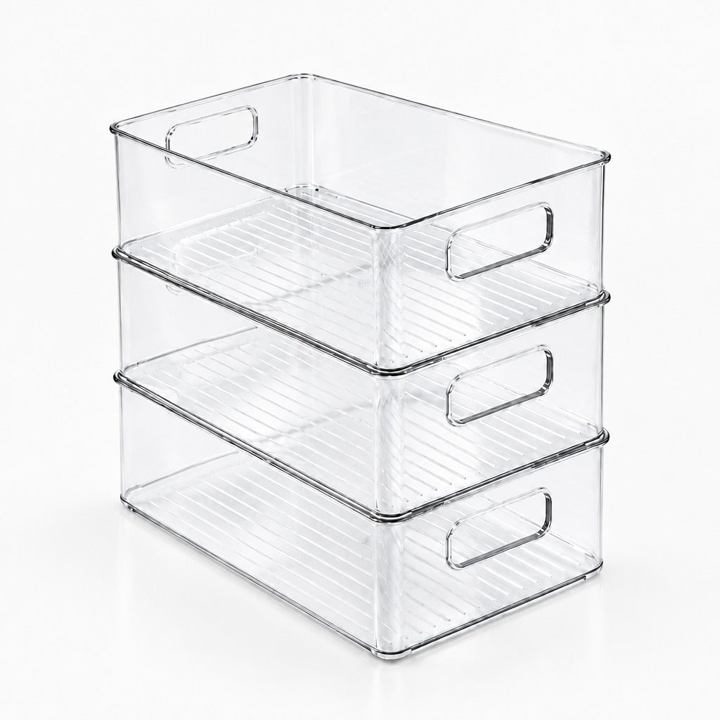 Three clear rectangular storage bins stacked vertically, with cutout handles and ribbed bases, against a white background.