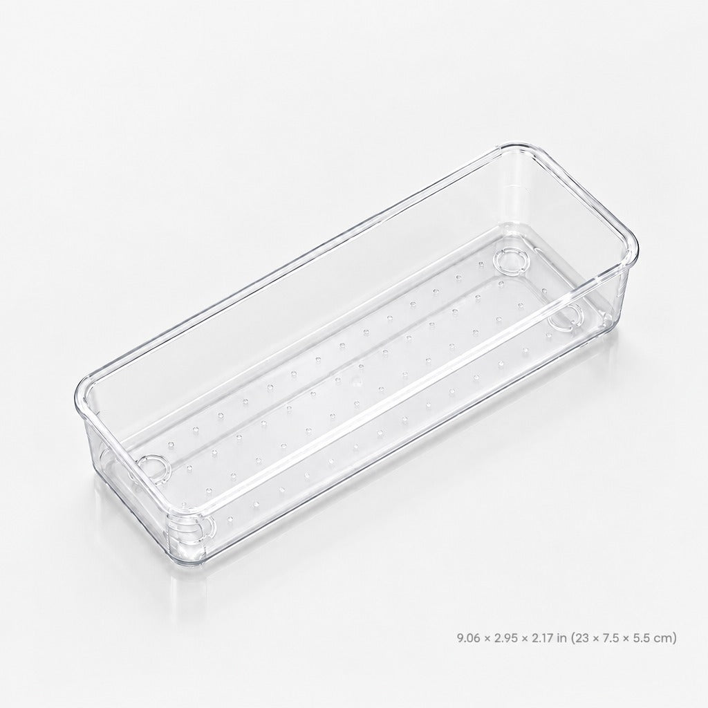 Clear narrow storage tray on a white background, labeled 9.06 × 2.95 × 2.17 inches (23 × 7.5 × 5.5 cm).