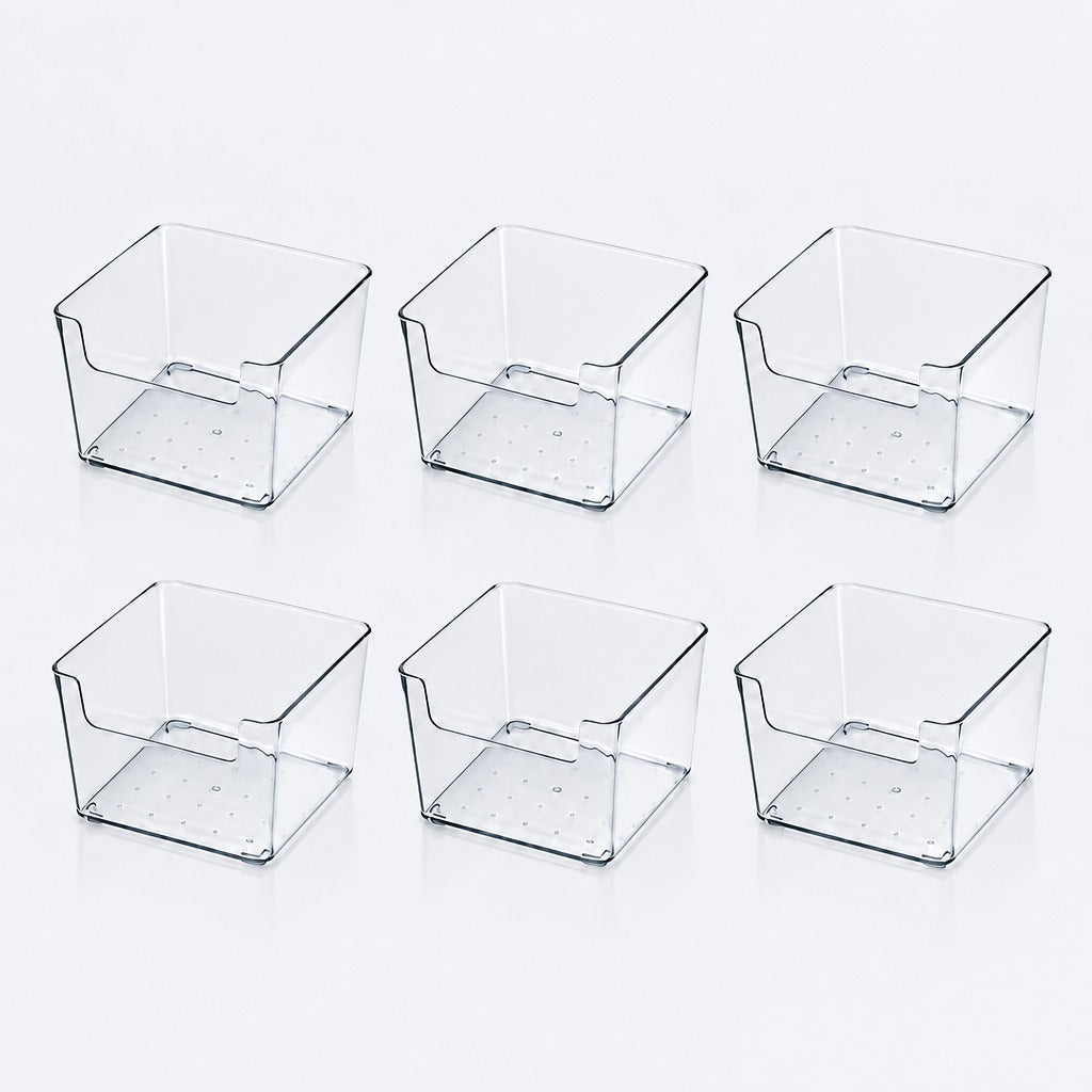 Six clear square storage bins with lowered front openings arranged in two rows of three on a white background.