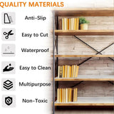 A wooden bookshelf with black metal support beams shown against a light brick wall, with books and a small plant on the shelves. On the left side, feature icons and text list qualities such as anti-slip, easy to cut, waterproof, easy to clean, multipurpose, and non-toxic.