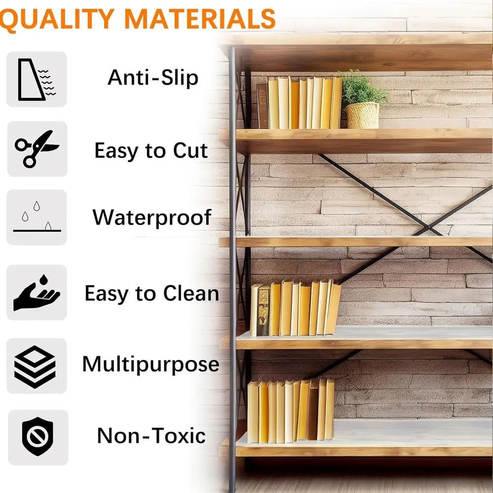 A wooden bookshelf with black metal support beams shown against a light brick wall, with books and a small plant on the shelves. On the left side, feature icons and text list qualities such as anti-slip, easy to cut, waterproof, easy to clean, multipurpose, and non-toxic.