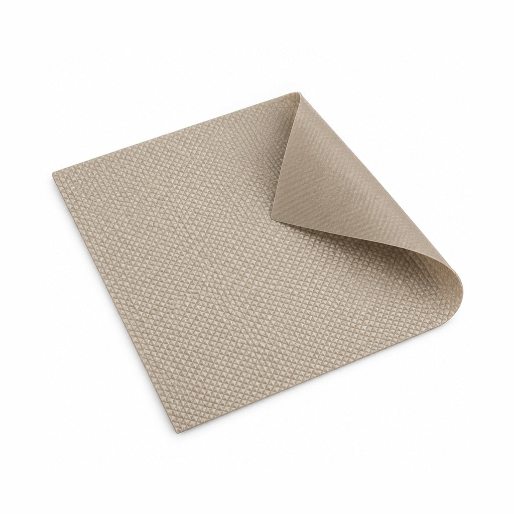 A square beige textured mat with a folded corner, showcasing its woven pattern against a clean white background.