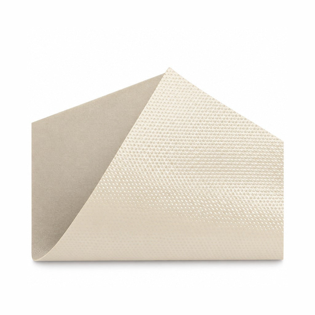 A single cream-colored envelope with a textured, woven pattern on the flap and a smooth matte finish on the body, shown open on a solid white background.