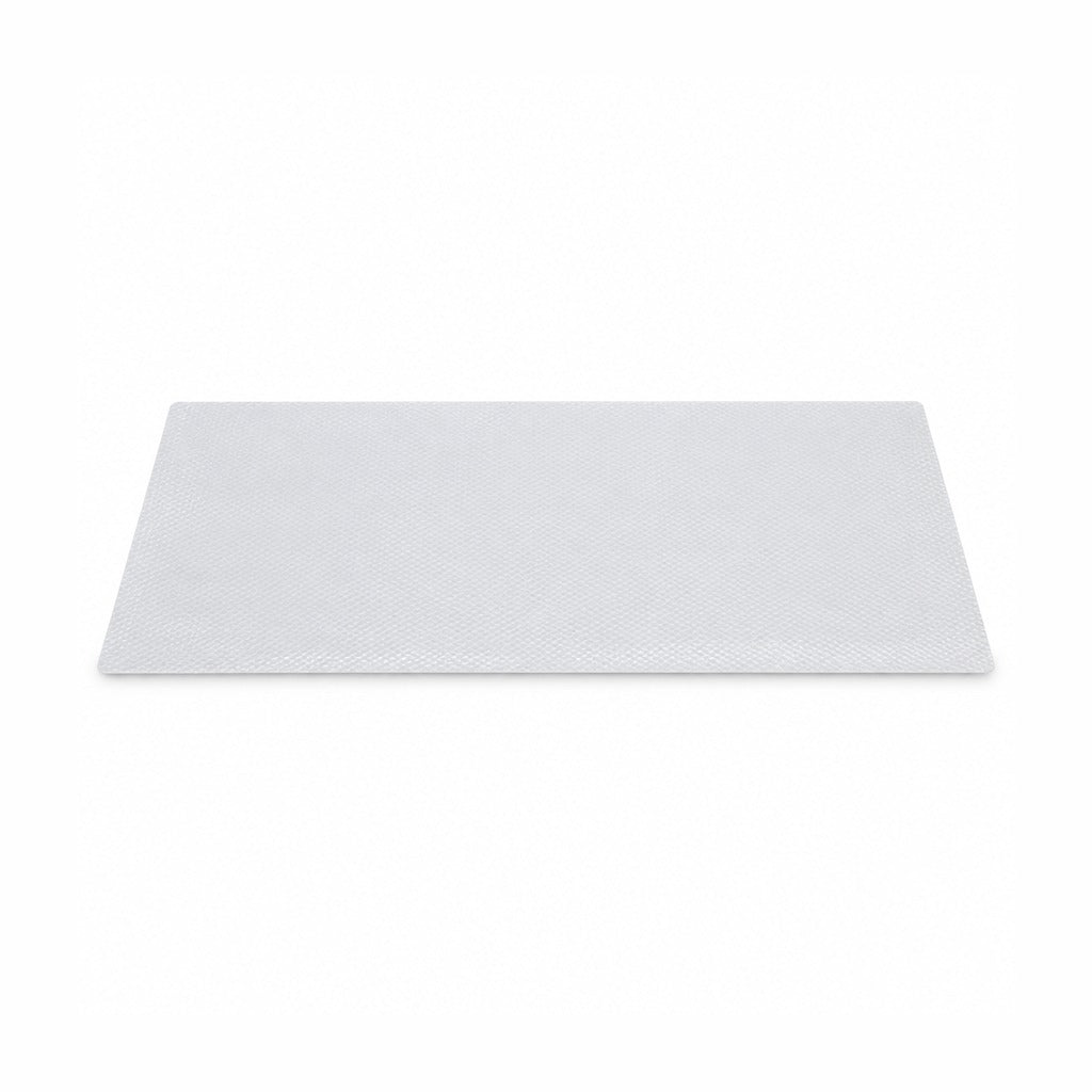 A rectangular light gray textured placemat on a solid white background.