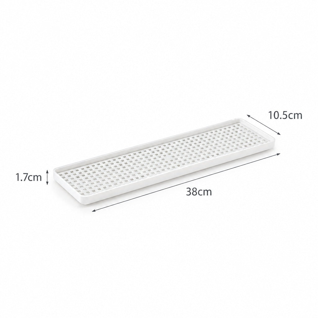 A white rectangular tray with a perforated top surface, shown on a white background with dimension labels indicating 38cm length, 10.5cm width, and 1.