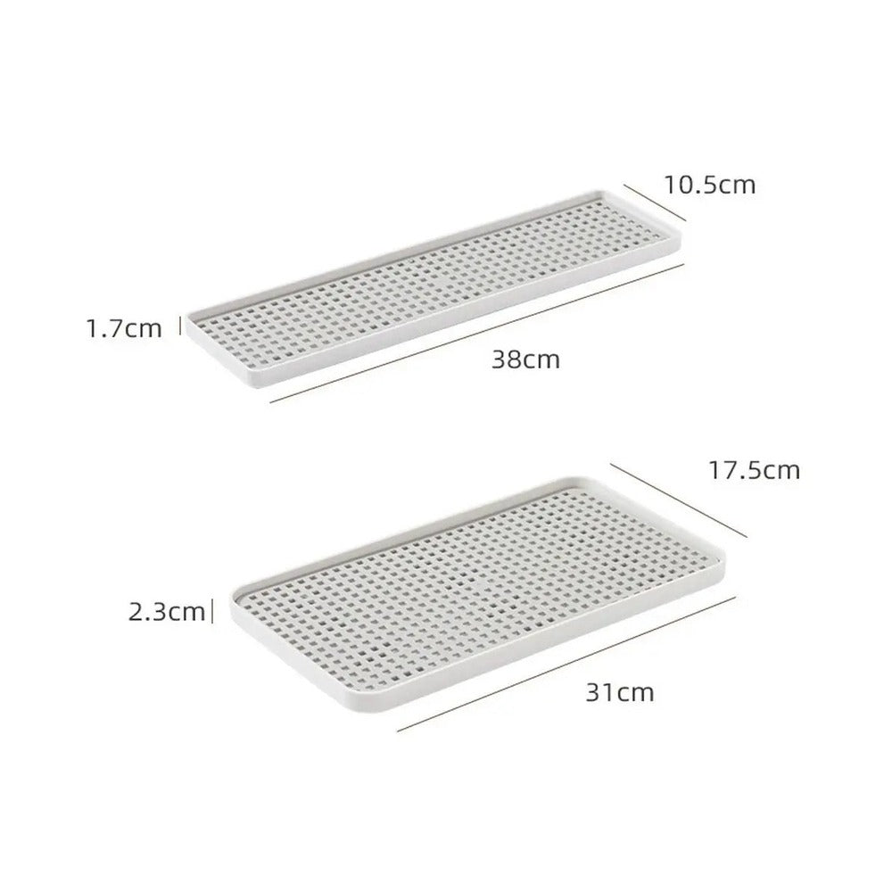 Two white rectangular tray-like mesh filters shown on a white background with dimension labels and measurement lines indicating width, length, and height.