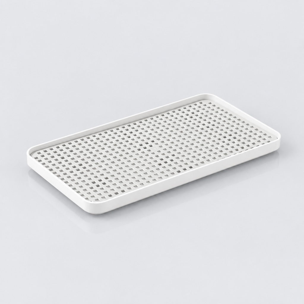 A rectangular white plastic tray with a perforated grid pattern on the top, shown on a light gray background.
