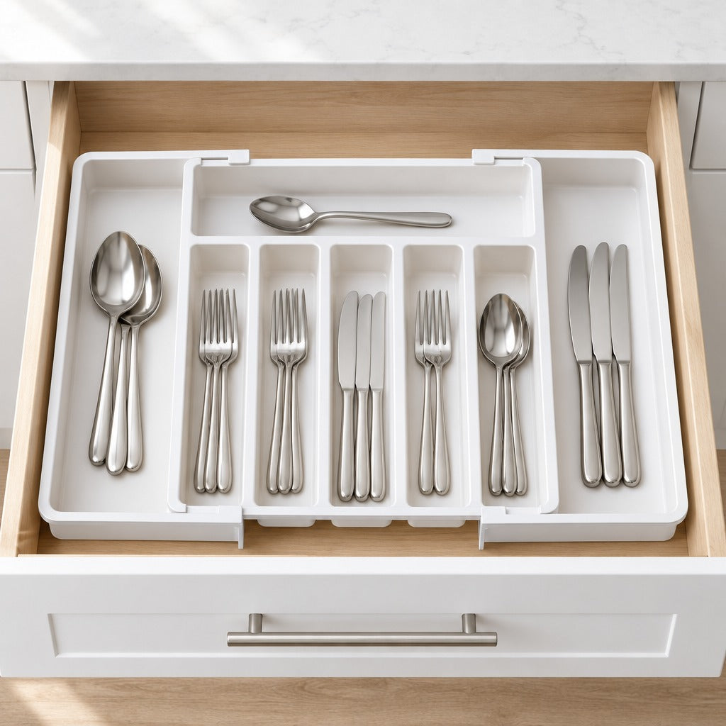 A white plastic cutlery organizer tray arranged inside an open kitchen drawer, holding silver metal utensils including spoons, forks, knives, and a spoon resting on top.
