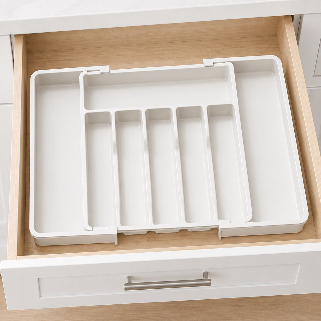 A white drawer organizer tray with multiple vertical divider slots, shown inside an open wooden drawer.