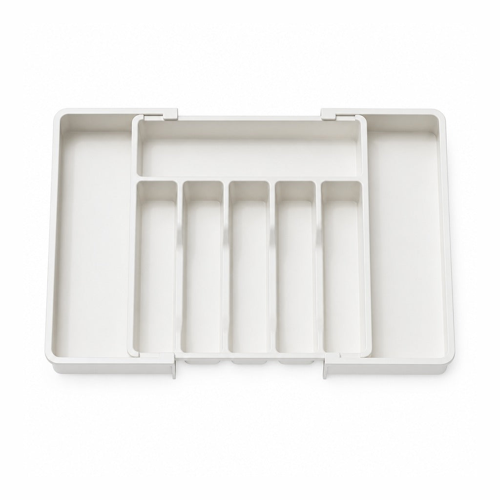 A white plastic organizer tray with five vertical divider slots and a top handle, shown from a top-down view on a white background.