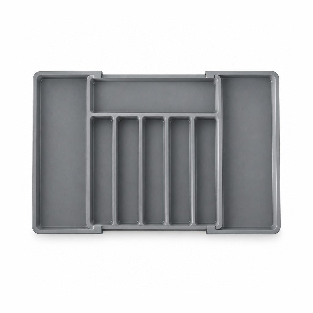 A gray plastic organizer tray with multiple compartments, shown from a top-down view on a white background.