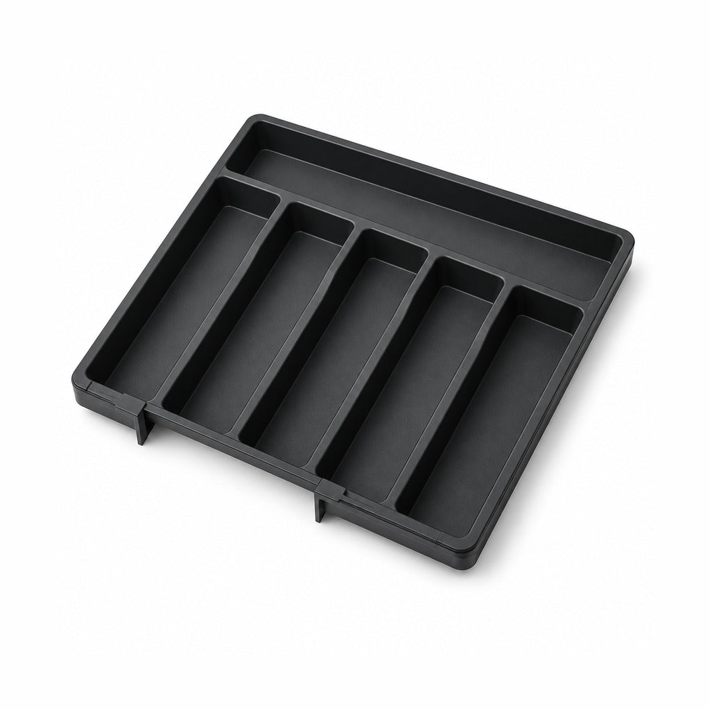 A black plastic multi-compartment organizer tray, shown at an angle on a clean white background.