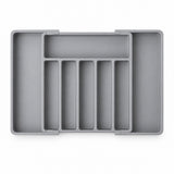 A gray plastic organizer tray with multiple compartments, shown from a top-down view on a white background.