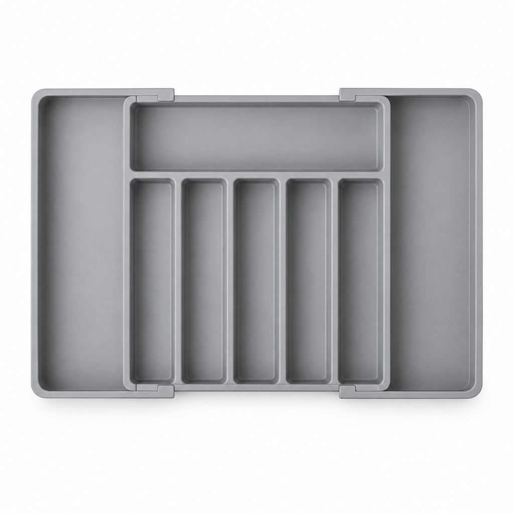 A gray plastic organizer tray with multiple compartments, shown from a top-down view on a white background.