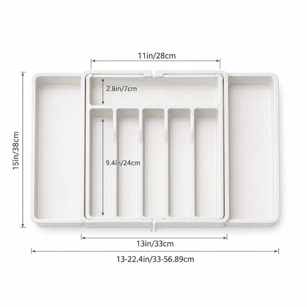 White plastic organizer tray with multiple compartments, shown from above with overlaid dimension labels and arrows indicating measurements.