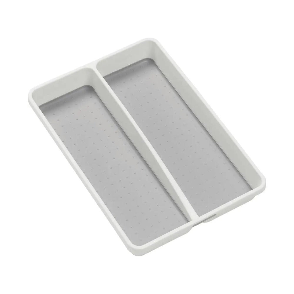 A two-compartment rectangular organizer tray with a light gray textured bottom and a white outer frame, shown on a plain white background.