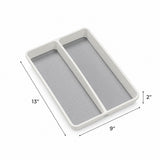 A two-compartment rectangular organizer tray shown on a white background with dimension labels indicating 13 inches tall, 9 inches wide, and 2 inches deep.