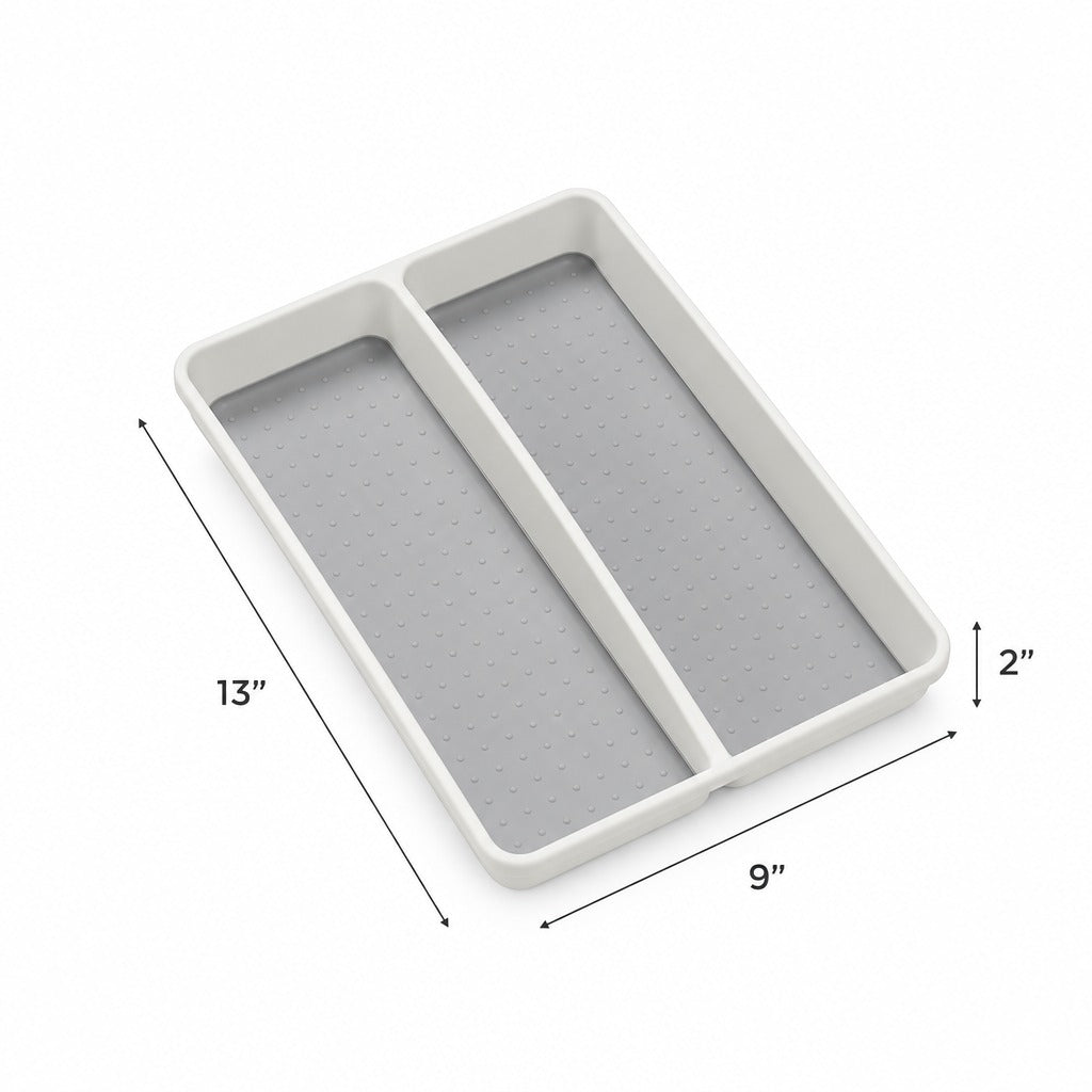 A two-compartment rectangular organizer tray shown on a white background with dimension labels indicating 13 inches tall, 9 inches wide, and 2 inches deep.