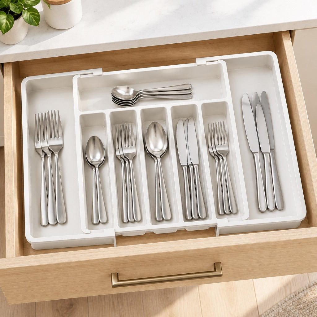 A white plastic drawer organizer tray holding a set of stainless steel flatware, including forks, spoons, and knives, arranged inside an open wooden drawer.