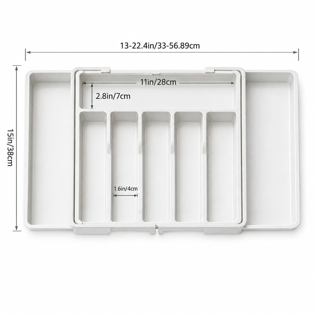 White plastic organizer tray with measurement annotations showing dimensions of 13-22.4in/33-56.