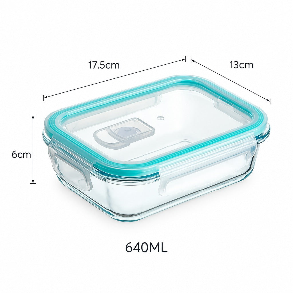 A clear rectangular glass storage container with a translucent aqua lid and handle, shown with overlaid dimension labels: 17.5 cm length, 13 cm width, 6 cm height, and 640ML capacity on a white background.