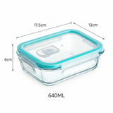A clear rectangular glass storage container with a translucent aqua lid and handle, shown with overlaid dimension labels: 17.5 cm length, 13 cm width, 6 cm height, and 640ML capacity on a white background.