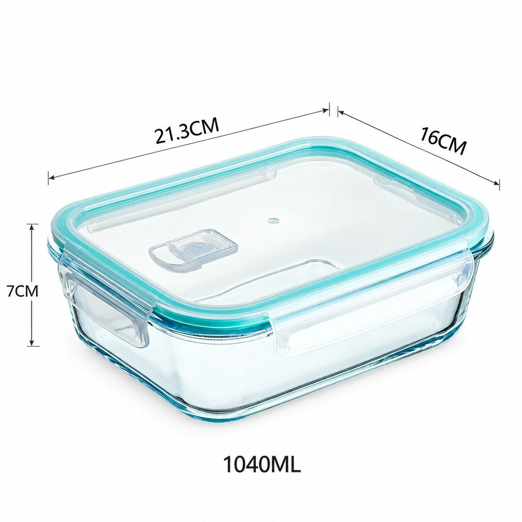 Clear glass storage container with a translucent aqua lid and handle, shown with dimension lines and text indicating 21.3 cm length, 16 cm width, 7 cm height, and 1040 ml capacity on a white background.
