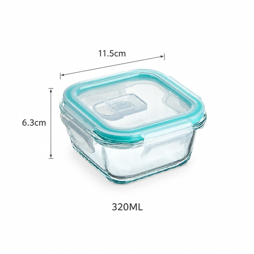 A clear glass food storage container with a translucent aqua lid and matching rim, shown on a white background with dimension labels indicating 11.5 cm width, 6.