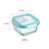A clear glass food storage container with a translucent aqua lid and matching rim, shown on a white background with dimension labels indicating 11.5 cm width, 6.