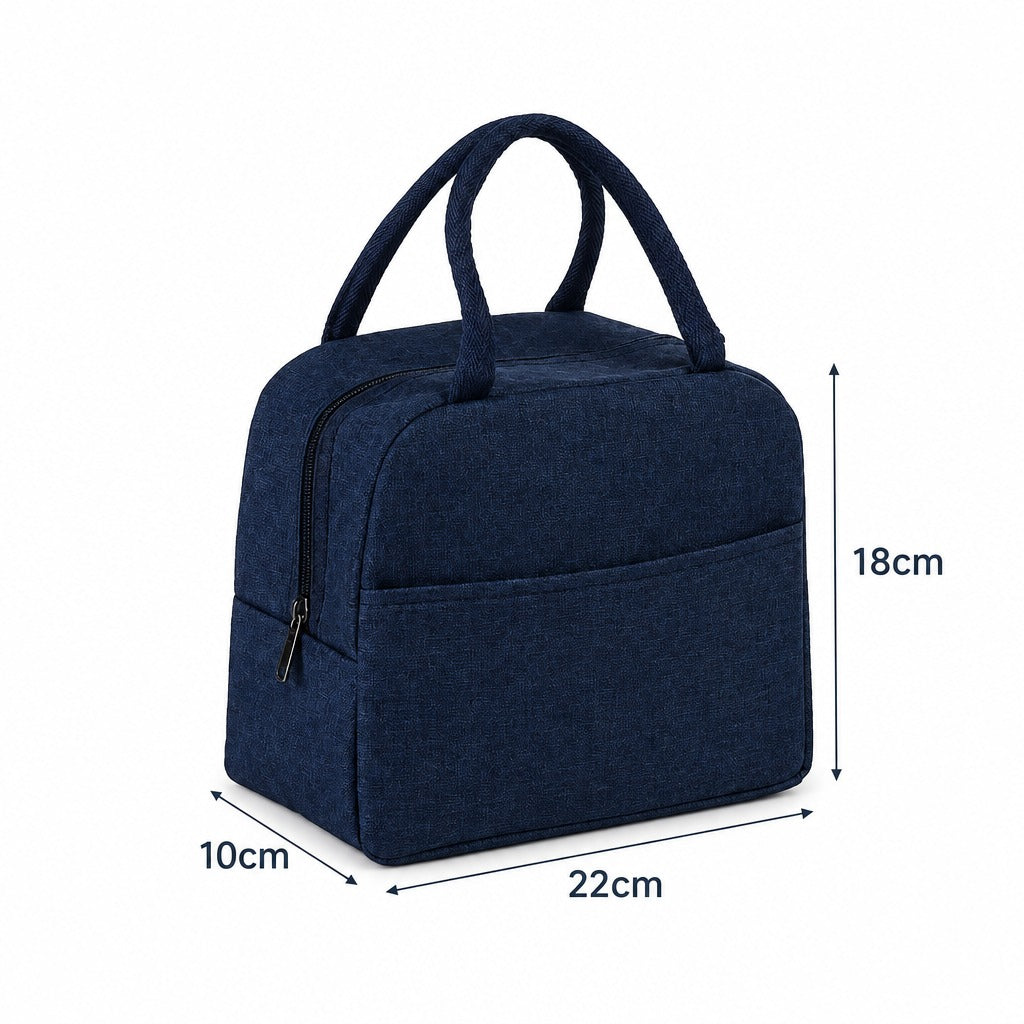 A dark navy blue fabric lunch bag with dual top handles, shown with dimension lines and labels indicating measurements of 18cm height, 10cm width, and 22cm depth on a white background.
