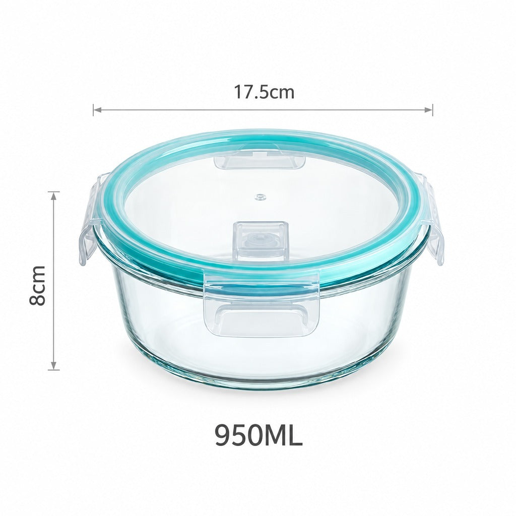 Clear glass storage container with a translucent aqua lid and side latches, shown with dimension annotations: 17.5 cm width, 8 cm height, and 950ML capacity on a white background.