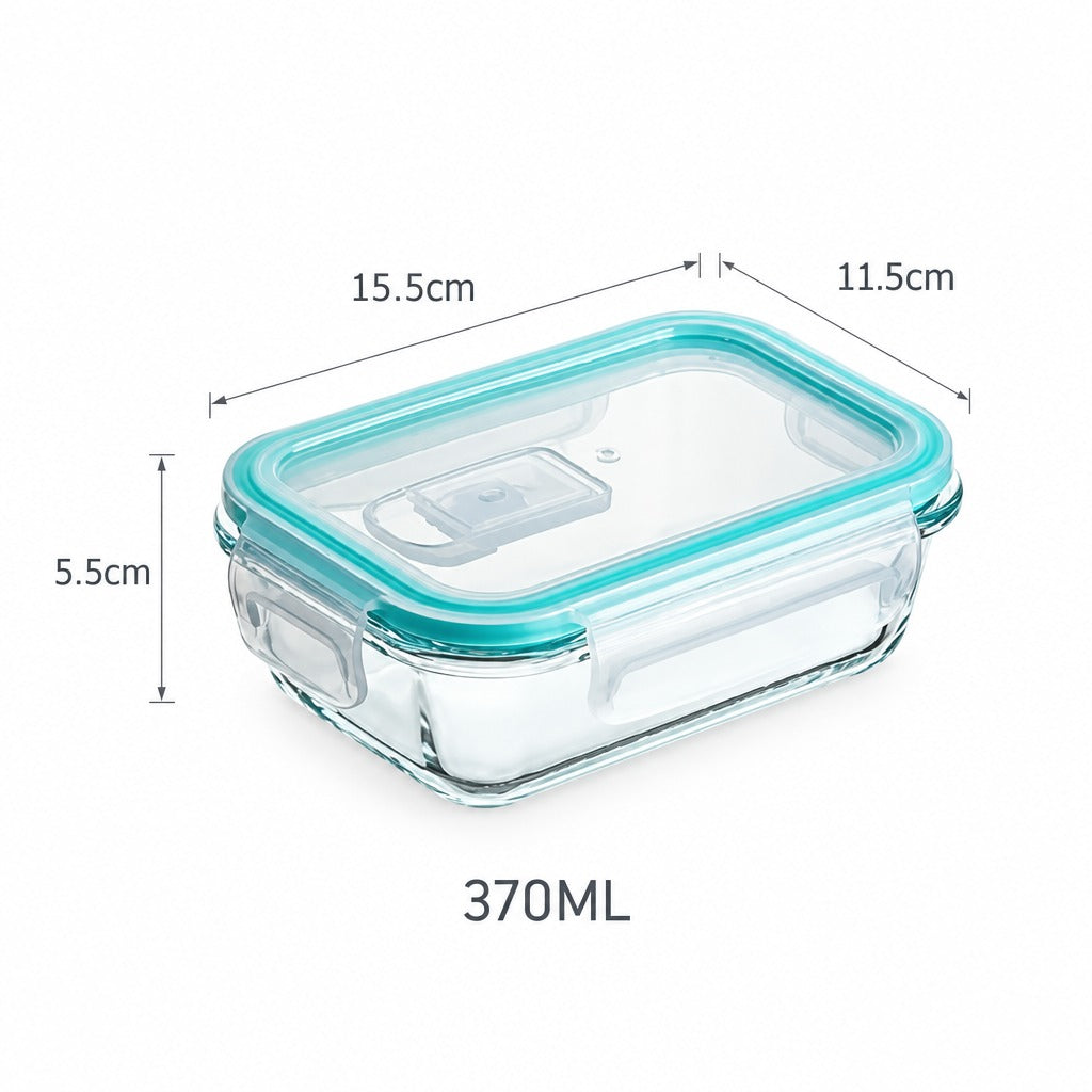 A clear glass rectangular storage container with a translucent aqua lid and measurement annotations showing 15.5cm, 11.