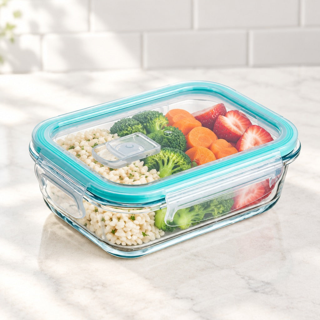 A clear glass food storage container with a bright teal lid, shown filled with rice, broccoli, carrots, and sliced strawberries on a light marble surface with a white tile backsplash in the background.