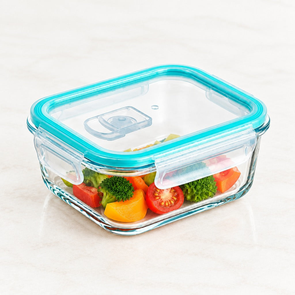 A square clear glass storage container with a bright turquoise blue lid and handle, shown on a light marble-like surface with colorful vegetables inside.