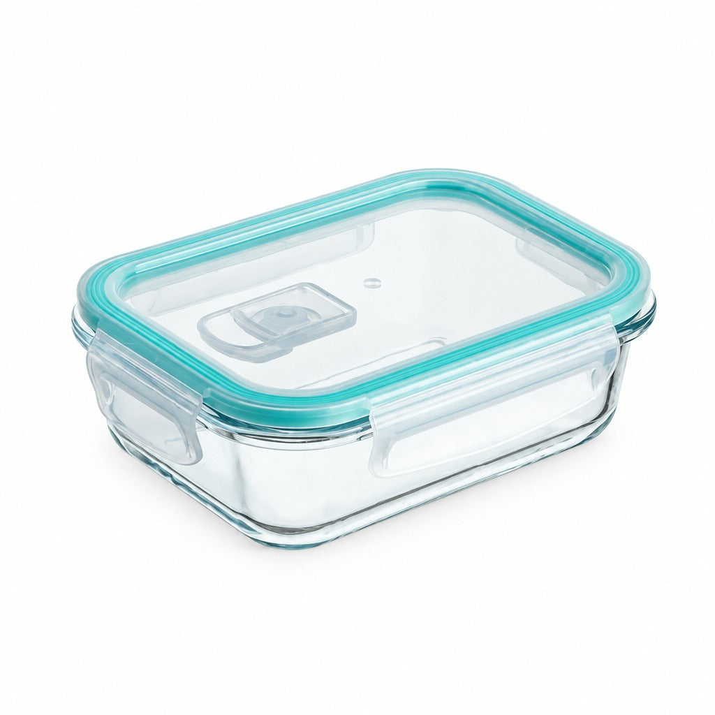 A rectangular glass food storage container with a clear lid and a bright teal silicone seal, shown on a plain white background.
