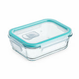 A rectangular glass food storage container with a clear lid and a bright teal silicone seal, shown on a plain white background.